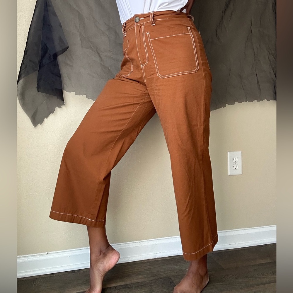 🥶 WhoWhatWear Dark Tan Wide Leg Cropped High Rise Pants Size 6 - Picture 3 of 12